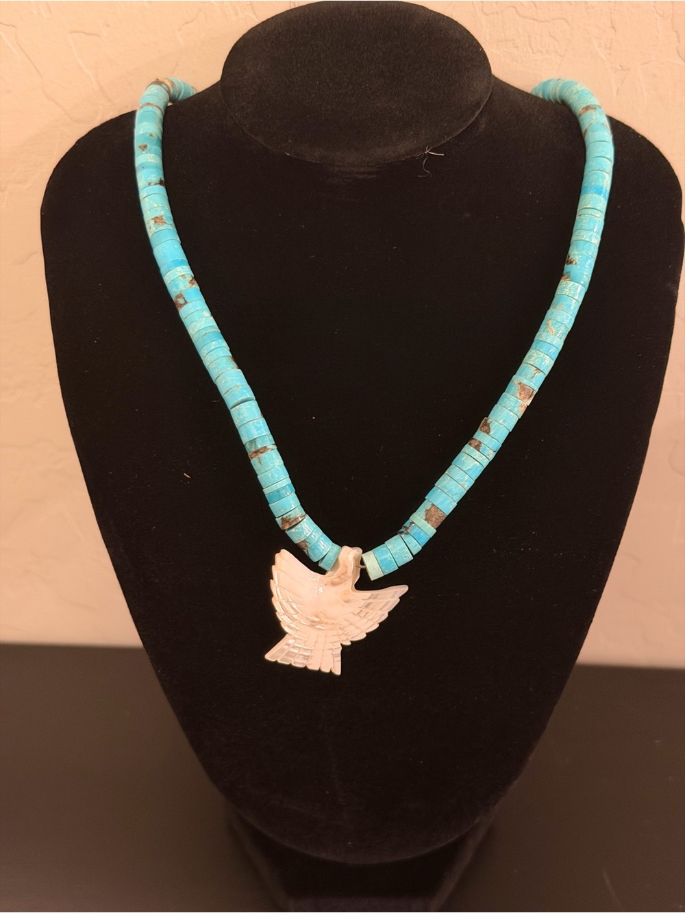 Handmade Bisbee Turquoise Beaded Necklace with Abalone Carved Bird